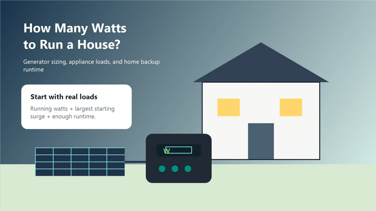 Home backup power sizing illustration with a house, solar panel, and portable power station