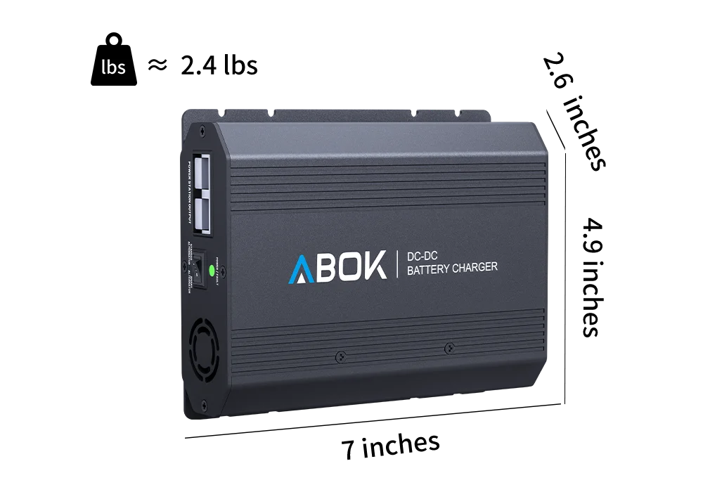 ABOK ACS500 DC-DC battery charger weight graphic with an angled product view.