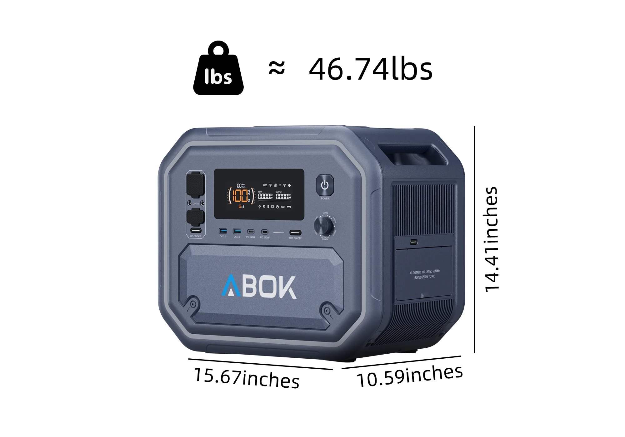 ABOK Ark2500 three-quarter view of the portable power station showing its display, ports and carry handles