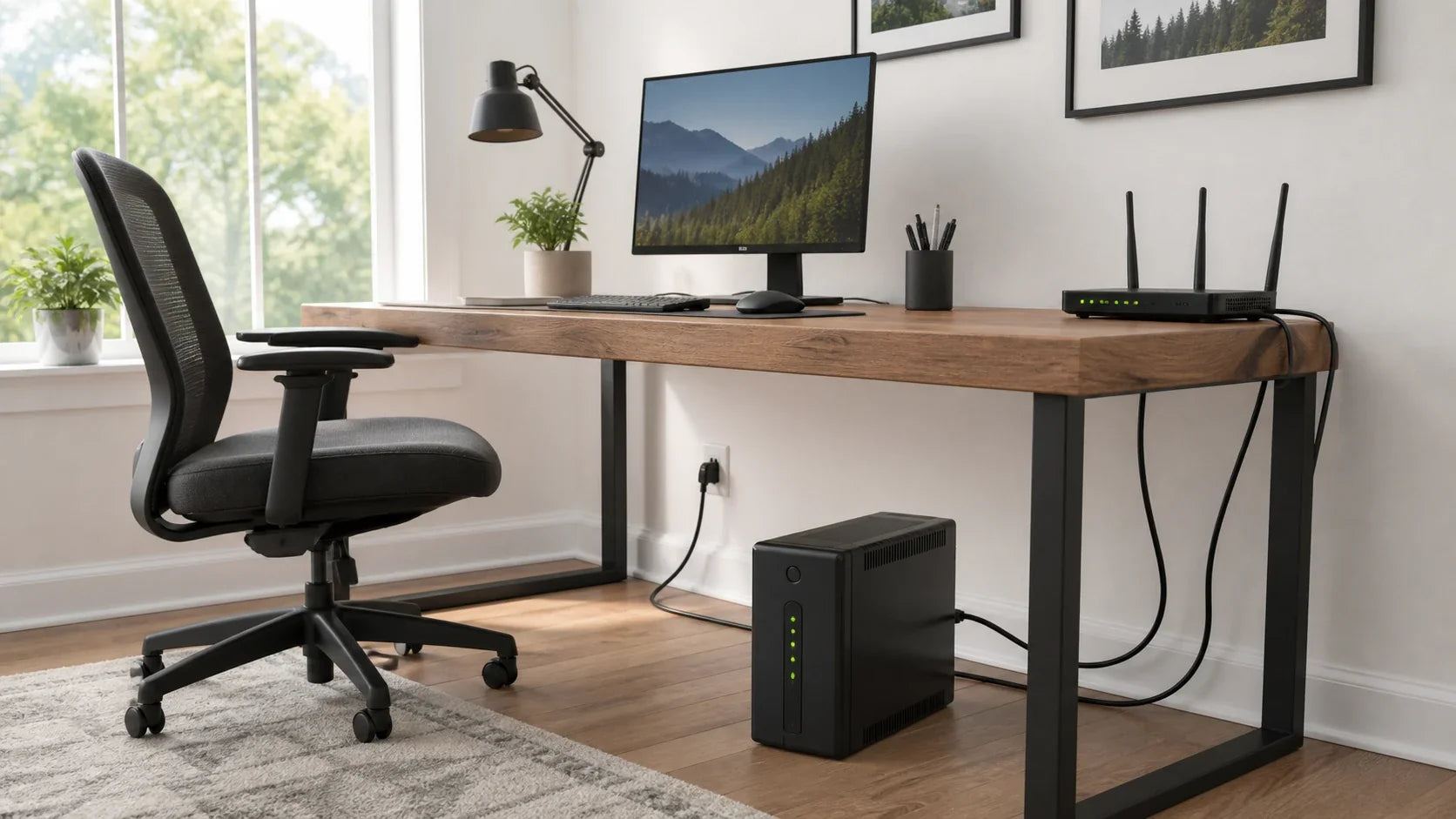 ABOK UPS providing backup power to a home office computer and Wi-Fi router.