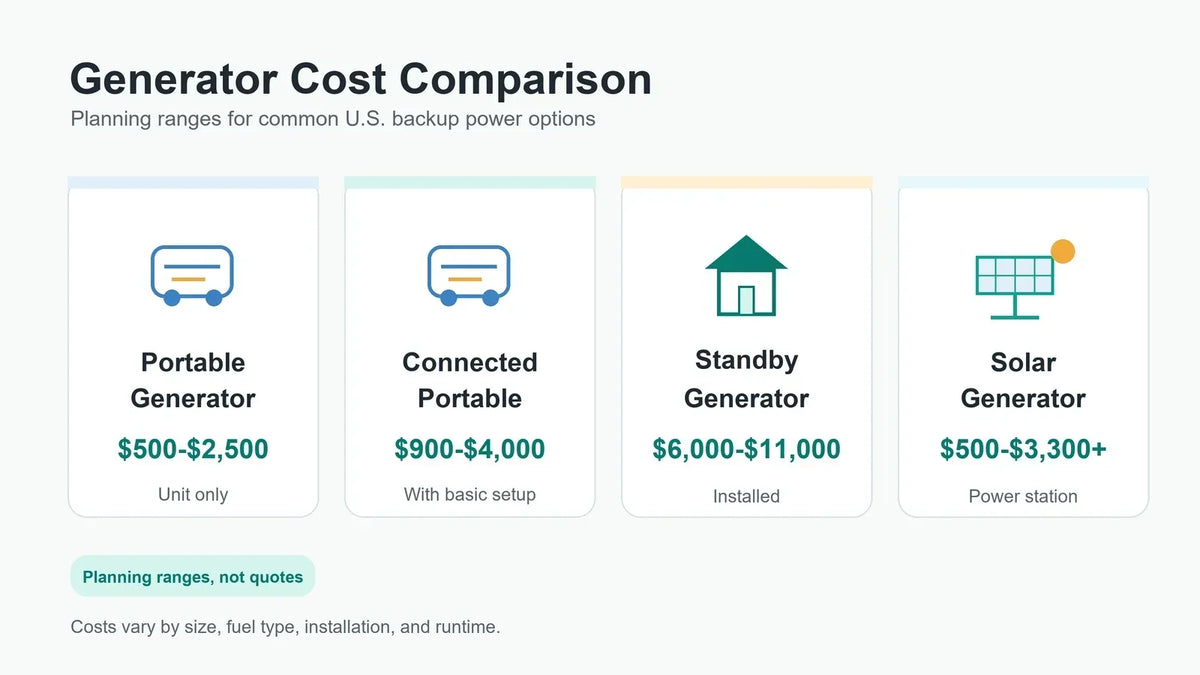 Generator cost comparison chart for portable, standby, and solar generator options.