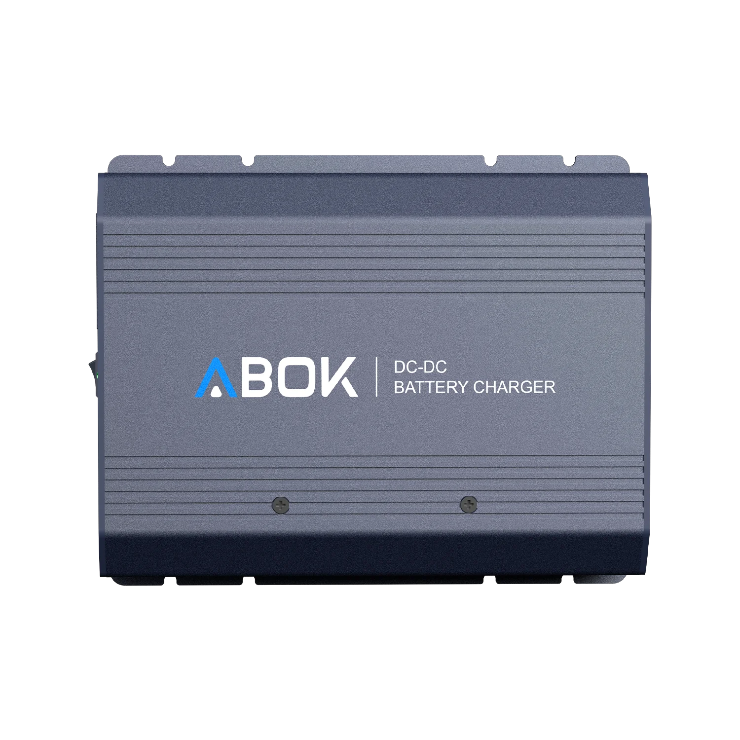 ABOK ACS500 DC-DC battery charger in a straight product view showing its ribbed aluminum housing and ABOK branding.