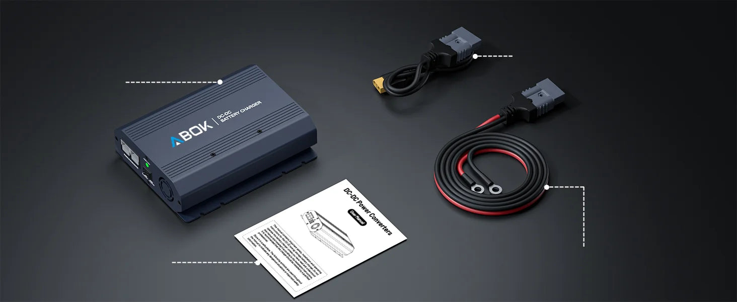 ABOK ACS500 wide package visual showing the charger, cables, adapters, and user manual.