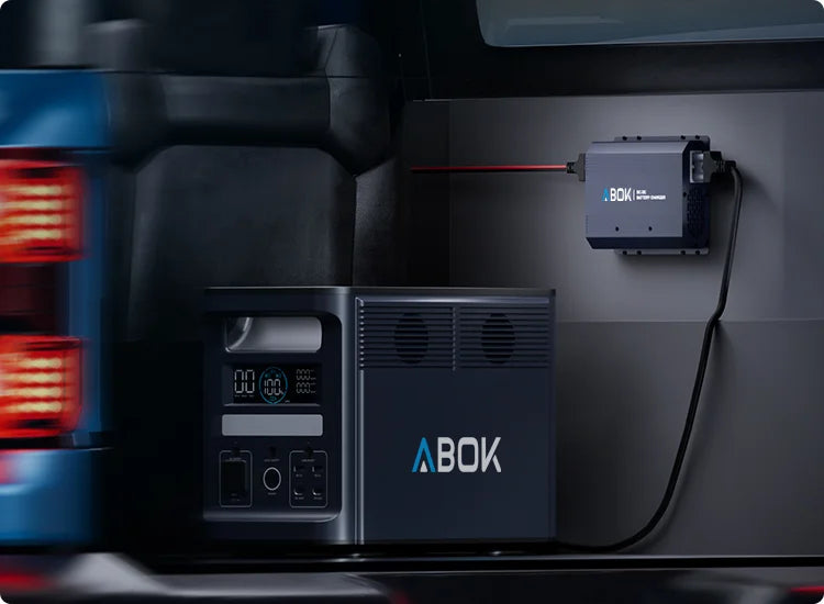 ABOK ACS500 mobile vehicle installation scene connected to an ABOK portable power station.