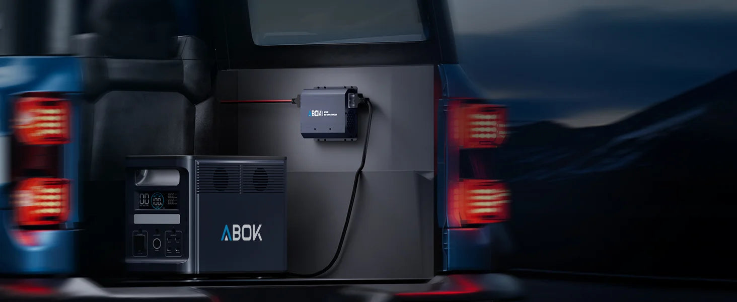 ABOK ACS500 wide vehicle installation scene connected to an ABOK portable power station.