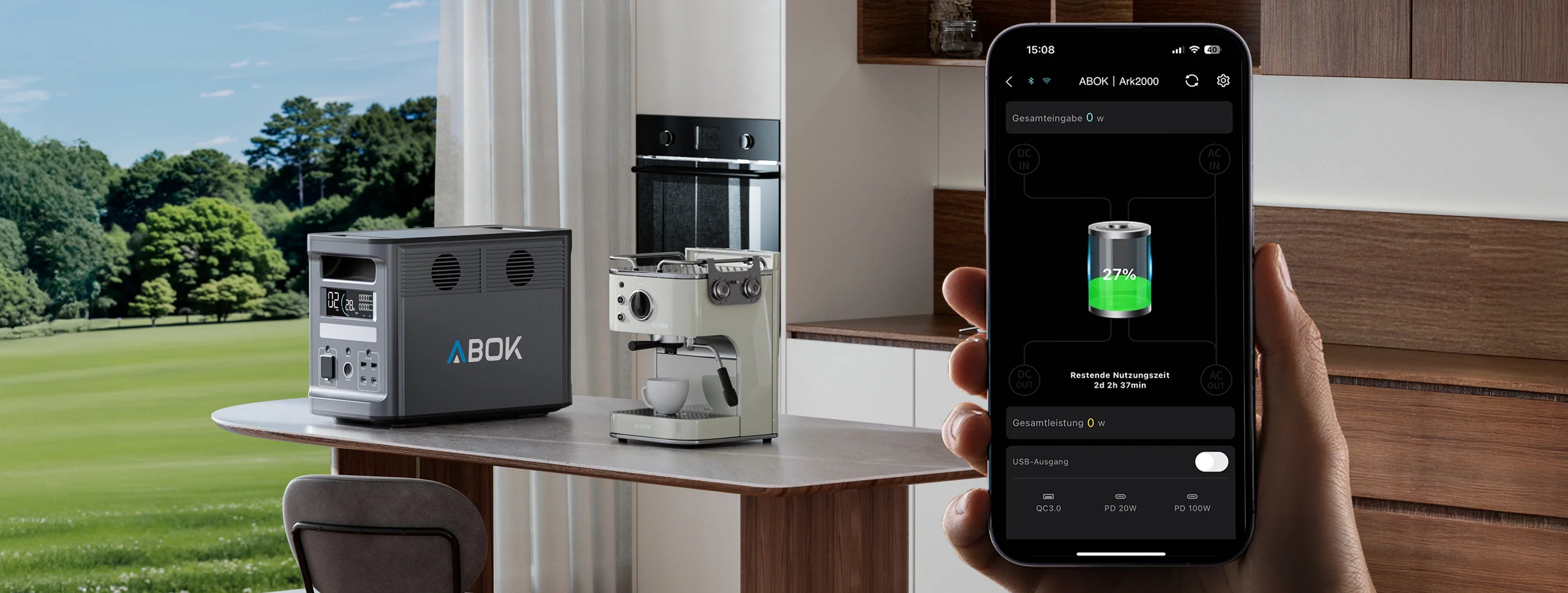 ABOK Ark2000 monitored by smartphone app while powering a coffee machine in a wide kitchen scene