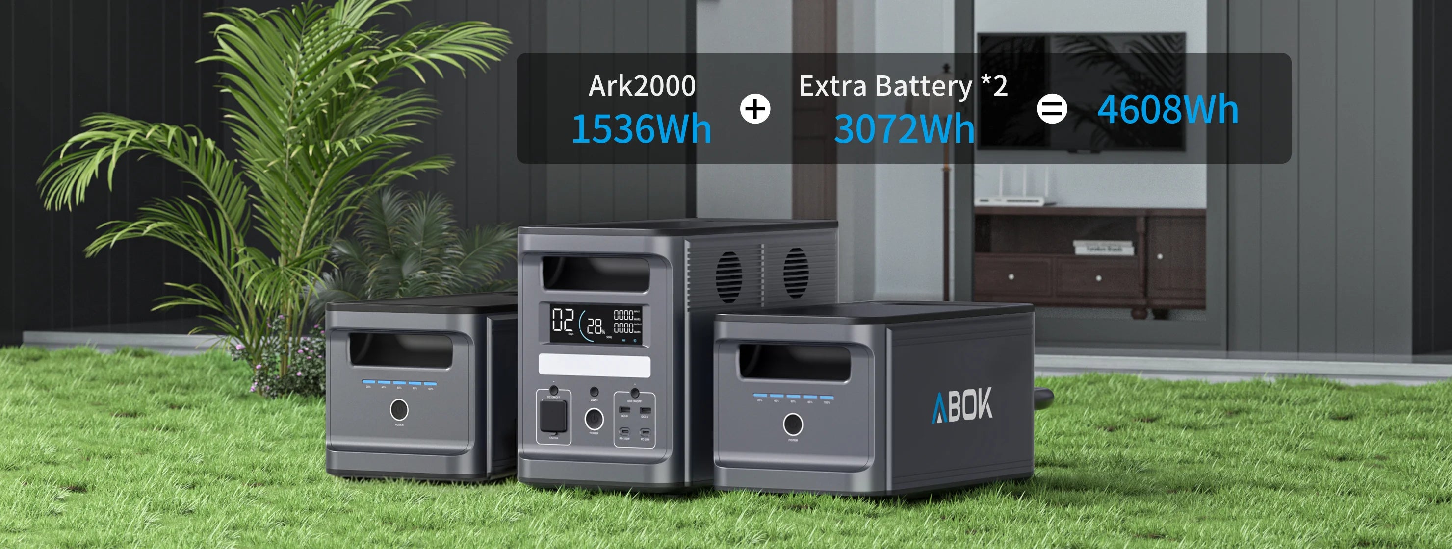 ABOK Ark2000 wide capacity graphic with two extra batteries for up to 4608Wh of expandable power