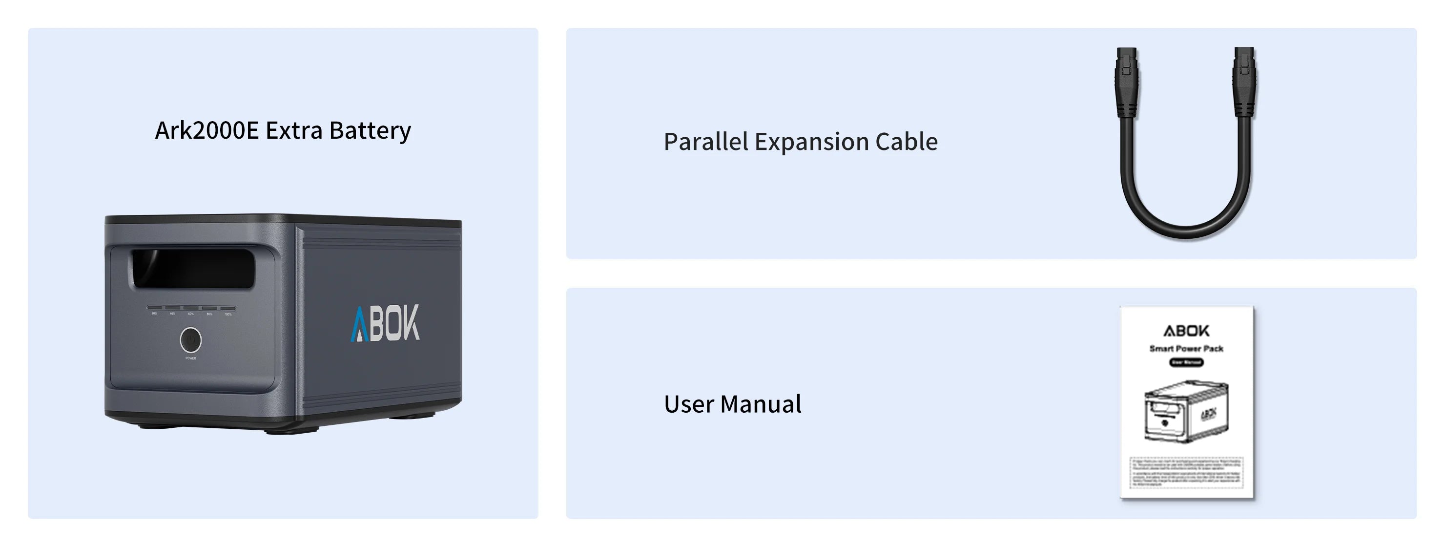 ABOK Ark2000 extra battery package contents with the battery, parallel expansion cable and user manual