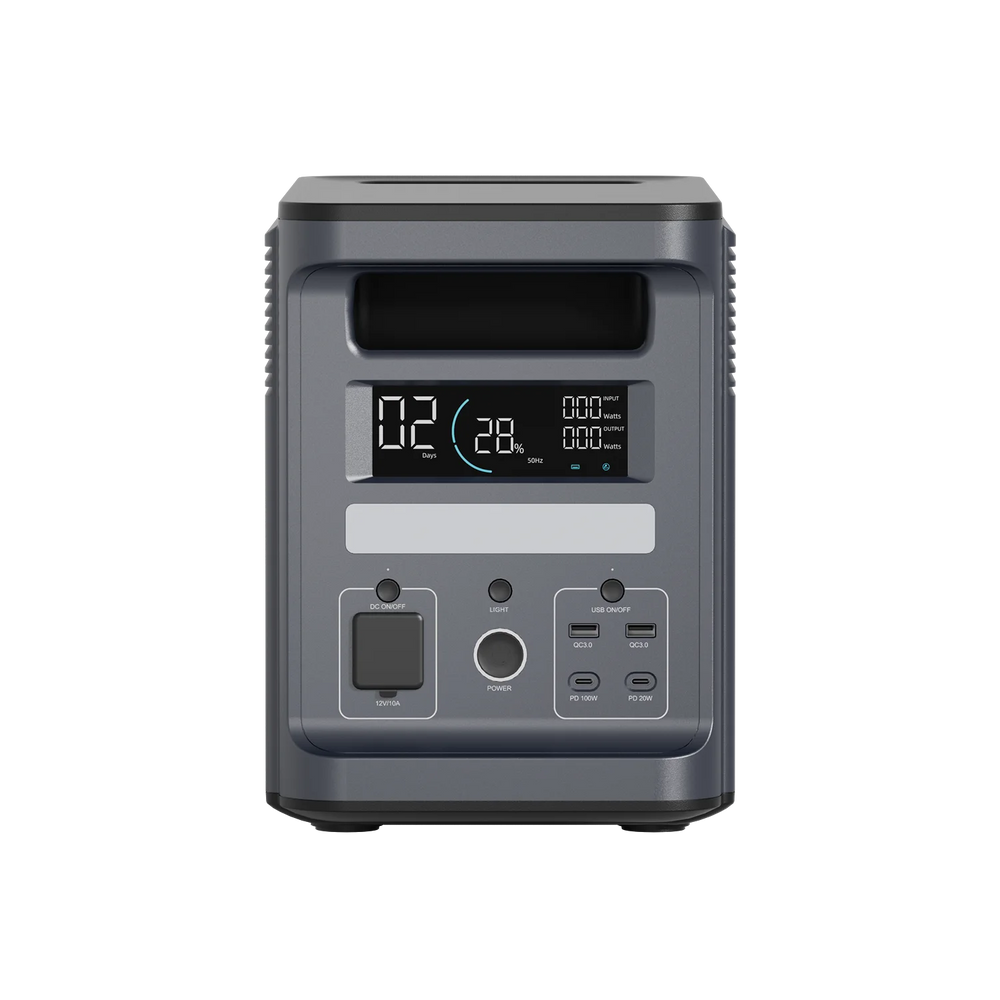 ABOK Ark2000 portable power station front view showing its display, light, DC outlet and USB ports