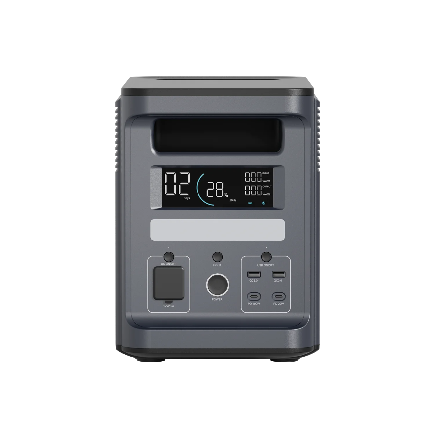 ABOK Ark2000 portable power station front view showing its display, light, DC outlet and USB ports