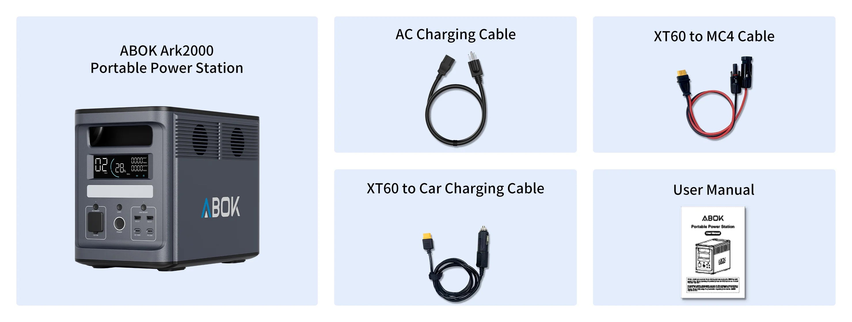 ABOK Ark2000 package contents with the power station, AC cable, solar cable, car charging cable and user manual
