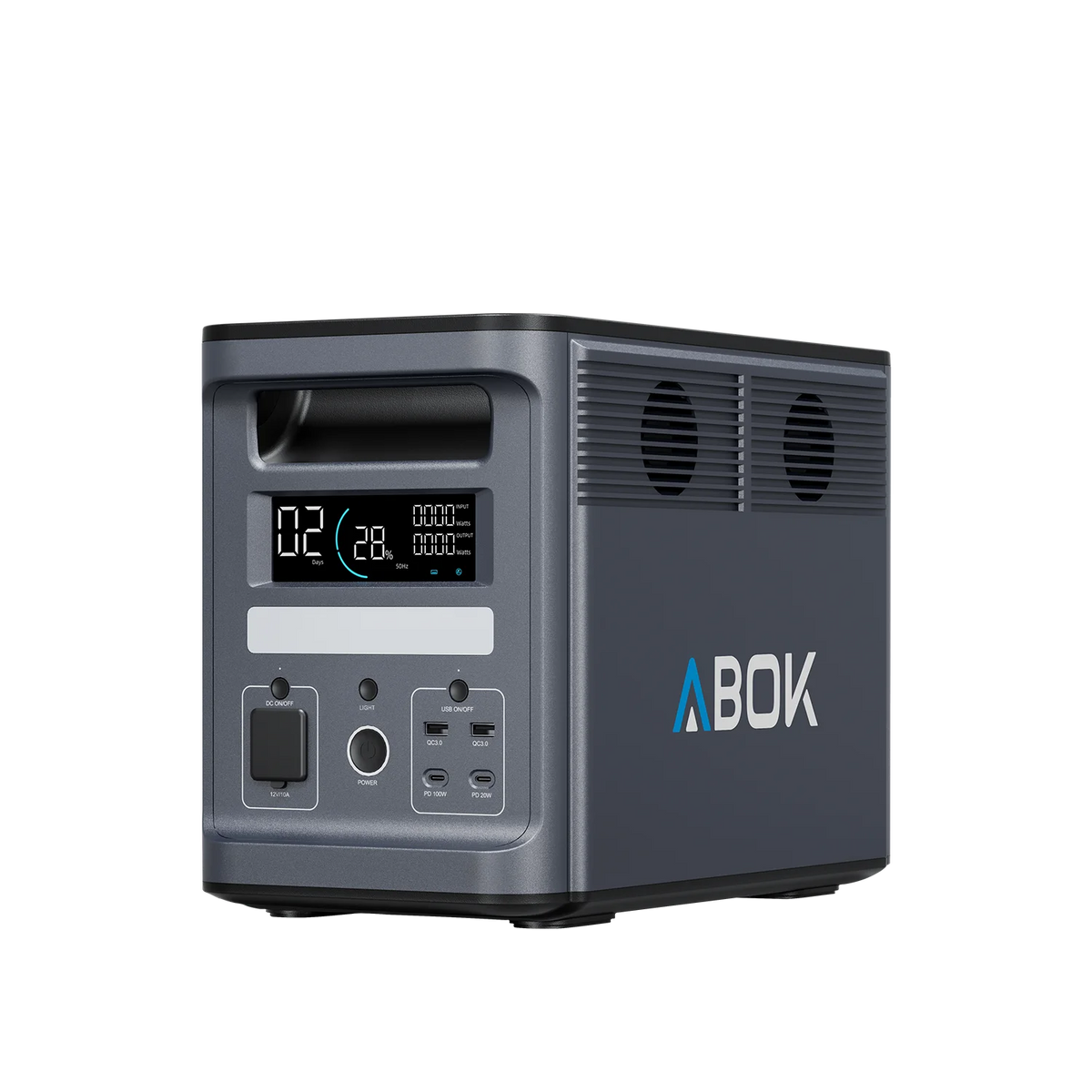 ABOK Ark2000 portable power station in a three-quarter view with its display, USB ports, handle and side cooling fans