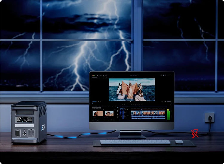 ABOK Ark2000 providing UPS backup power to a desktop computer during a storm in a mobile scene