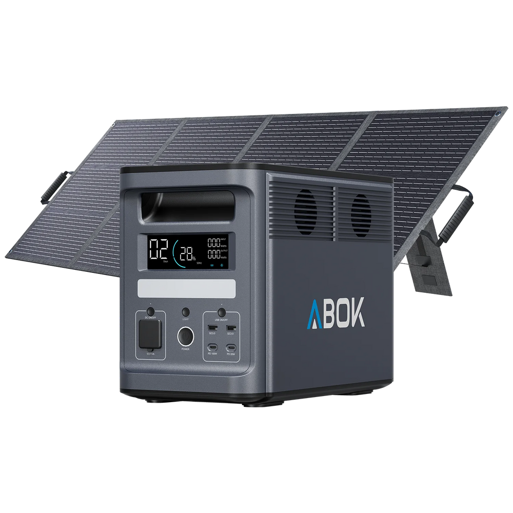 ABOK Ark2000 portable power station paired with a foldable 200W solar panel