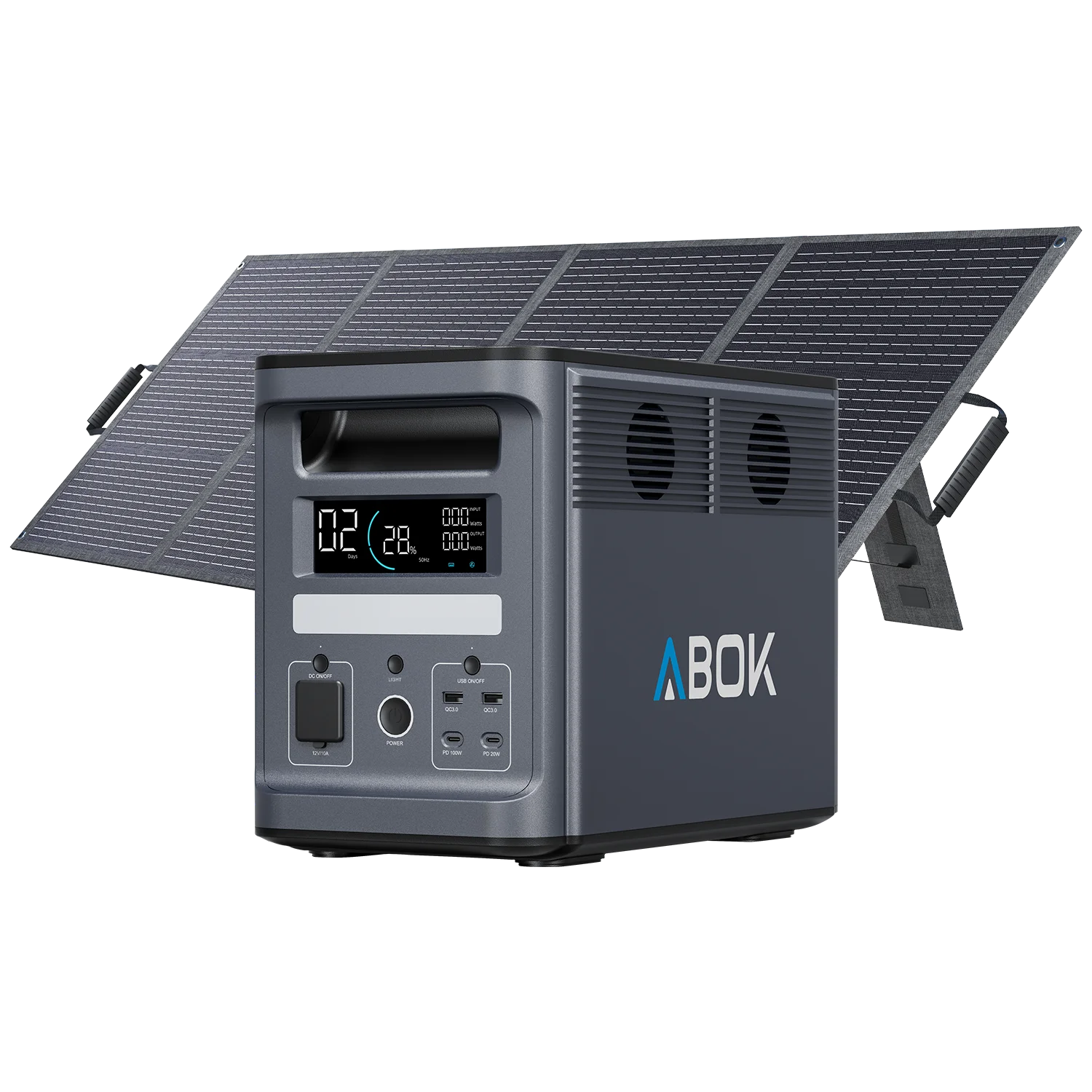 ABOK Ark2000 portable power station paired with a foldable 200W solar panel