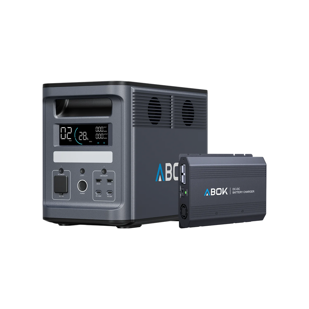 ABOK Ark2000 portable power station displayed with an ABOK DC-DC battery charger
