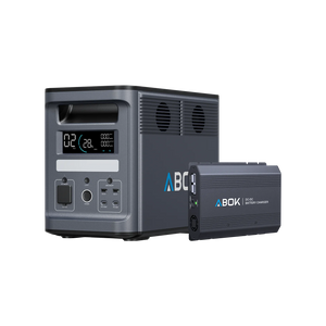 ABOK Ark2000 portable power station displayed with an ABOK DC-DC battery charger