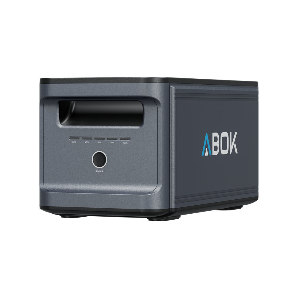 ABOK Ark2000E extra battery in an angled front product view showing the charge indicator and power button.