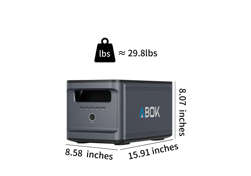 ABOK Ark2000E extra battery with 29.8 lb weight and 15.91 × 8.58 × 10.8 inch dimensions.