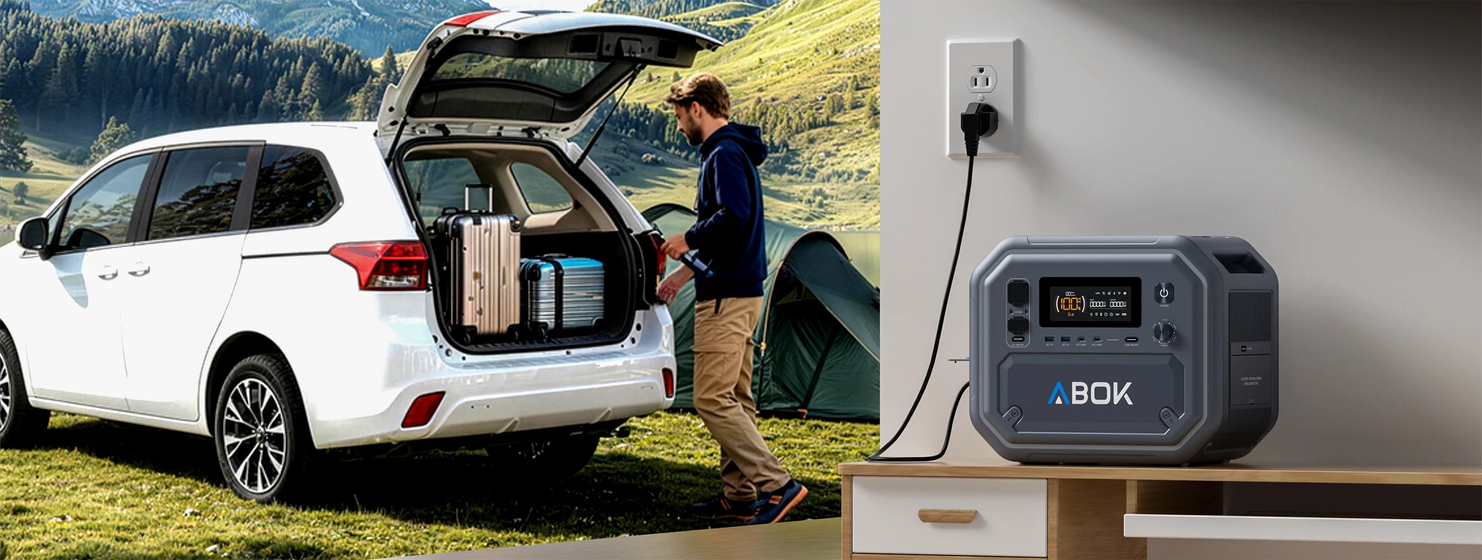 ABOK Ark2500 wide split scene showing the portable power station at a campsite and charging from a household wall outlet