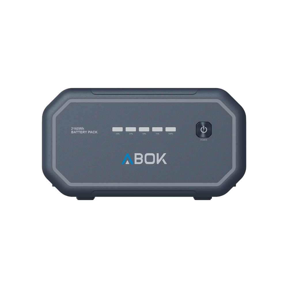 ABOK Ark2500 front view of the 2160Wh extra battery showing level indicators and power button
