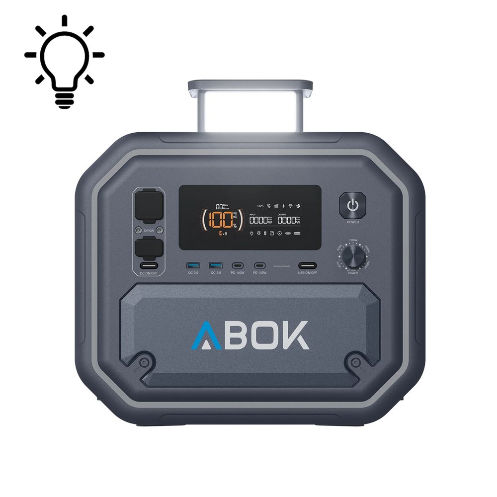 ABOK Ark2500 front view of the portable power station with its retractable LED area light raised