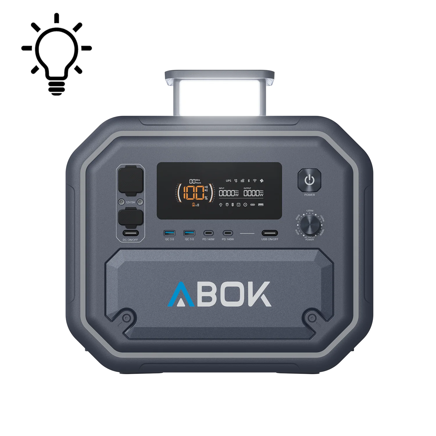 ABOK Ark2500 front view of the portable power station with its retractable LED area light raised