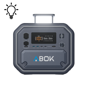 ABOK Ark2500 front view of the portable power station with its retractable LED area light raised