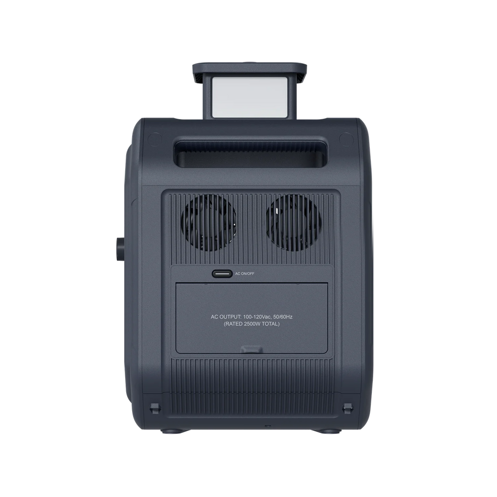 ABOK Ark2500 rear-side view of the portable power station showing raised LED light, cooling fans and covered AC outlets
