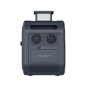 ABOK Ark2500 rear-side view of the portable power station showing raised LED light, cooling fans and covered AC outlets