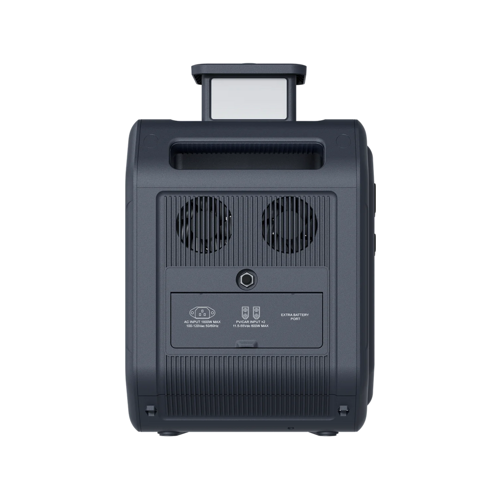 ABOK Ark2500 rear view of the portable power station showing dual cooling fans, charging inputs and extra battery port