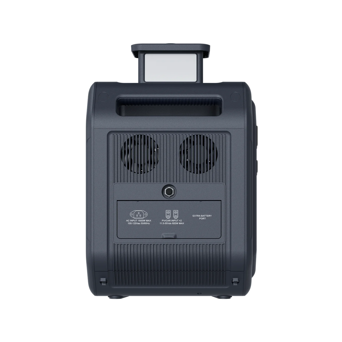 ABOK Ark2500 rear view of the portable power station showing dual cooling fans, charging inputs and extra battery port
