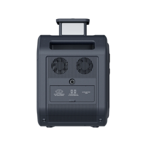 ABOK Ark2500 rear view of the portable power station showing dual cooling fans, charging inputs and extra battery port