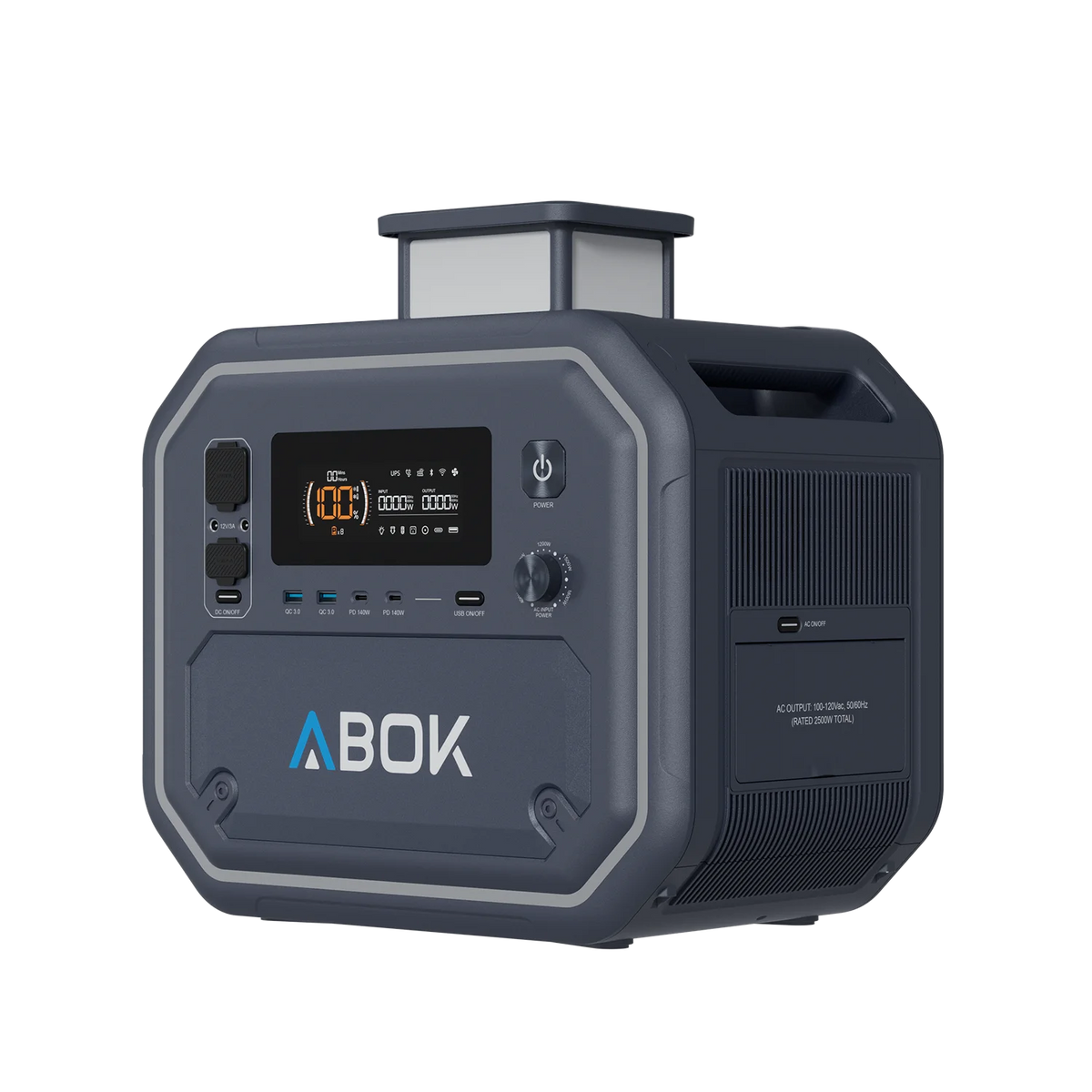 ABOK Ark2500 portable power station with its retractable LED area light raised