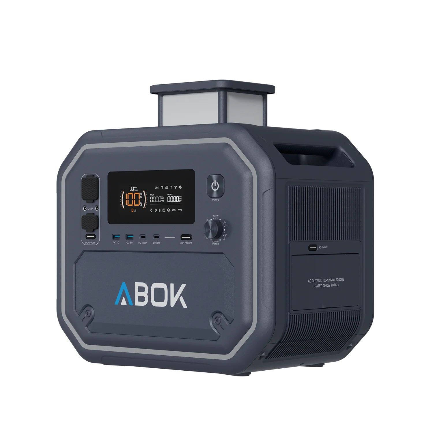 ABOK Ark2500 portable power station with its retractable LED area light raised