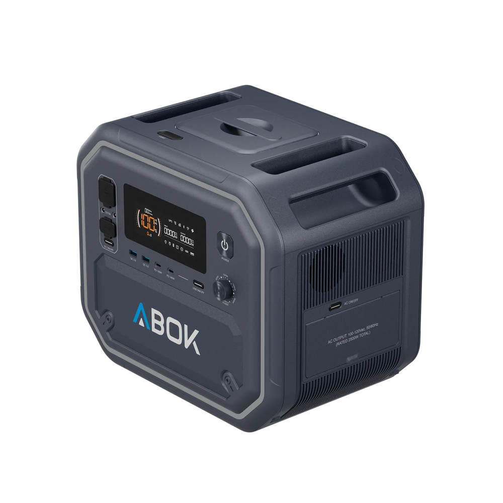 ABOK Ark2500 top three-quarter view of the portable power station with display, ports and side AC outlets