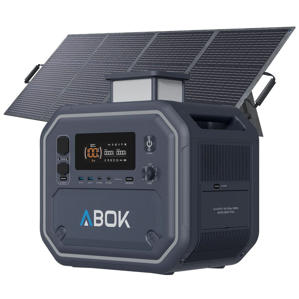 ABOK Ark2500 portable power station with a foldable 200W solar panel and raised LED light