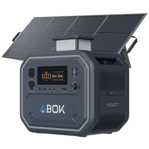 ABOK Ark2500 portable power station with a foldable 200W solar panel and raised LED light