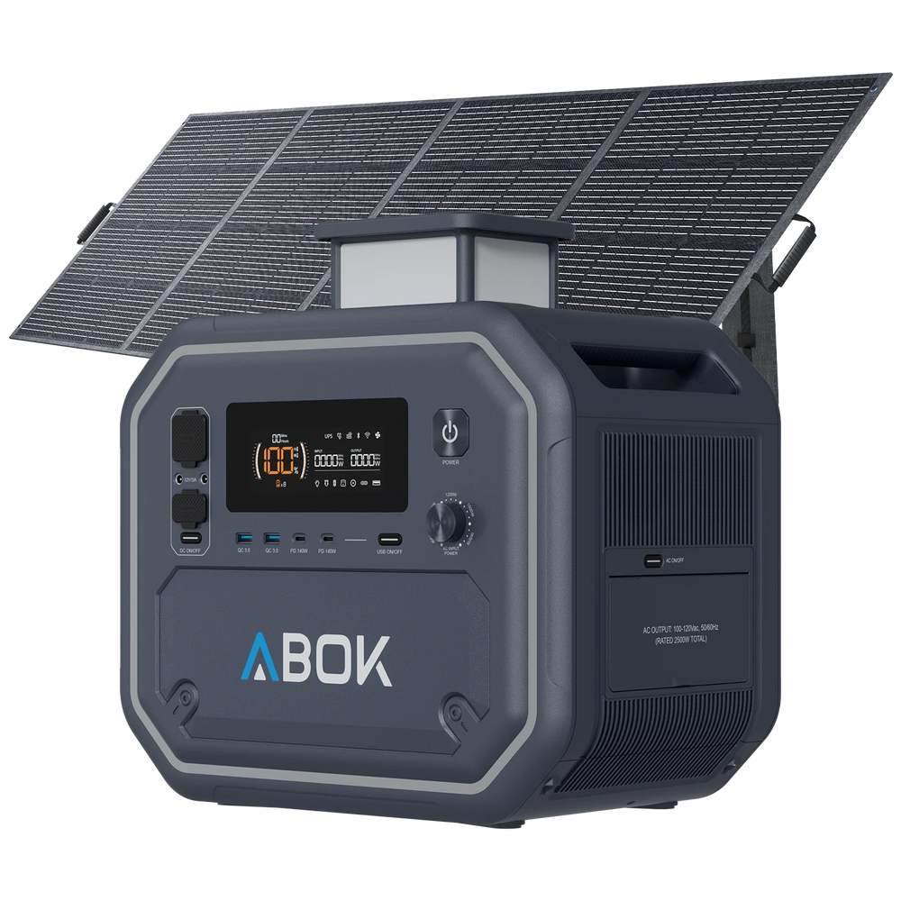 ABOK Ark2500 portable power station with a foldable 400W solar panel and raised LED light