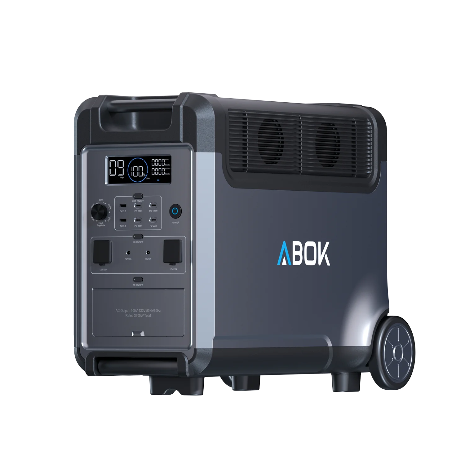 ABOK Ark3600 three-quarter view of the portable power station with display, ports, cooling vents and wheel