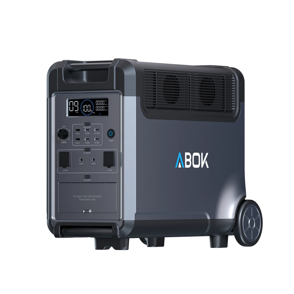 ABOK Ark3600 three-quarter view of the portable power station with display, ports, cooling vents and wheel