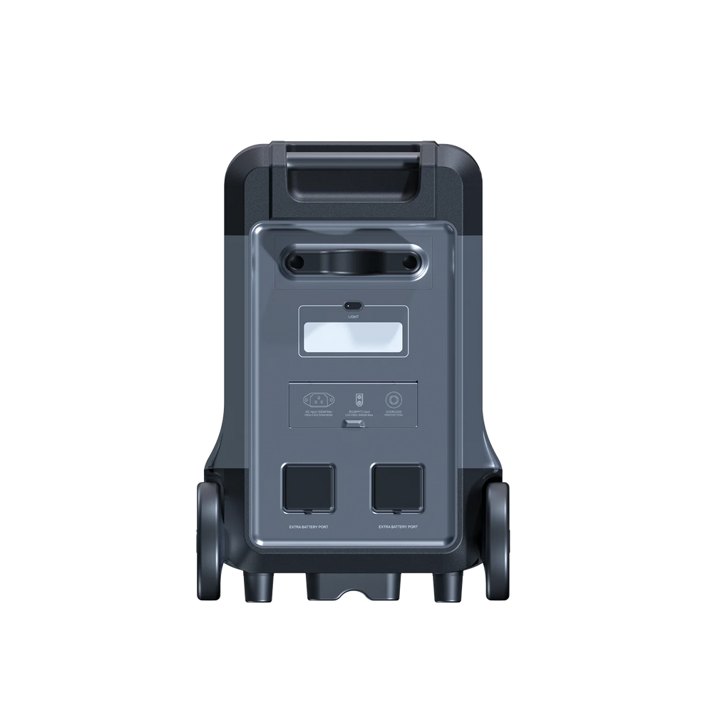 ABOK Ark3600 rear view of the portable power station showing the work light, AC input and two extra battery ports