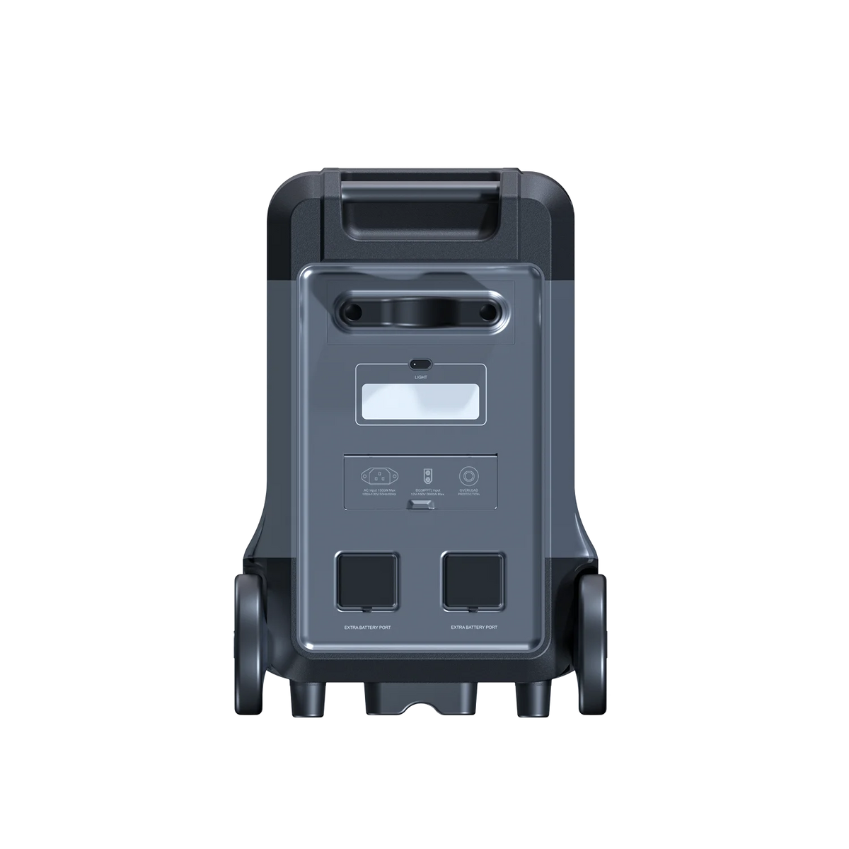 ABOK Ark3600 rear view of the portable power station showing the work light, AC input and two extra battery ports