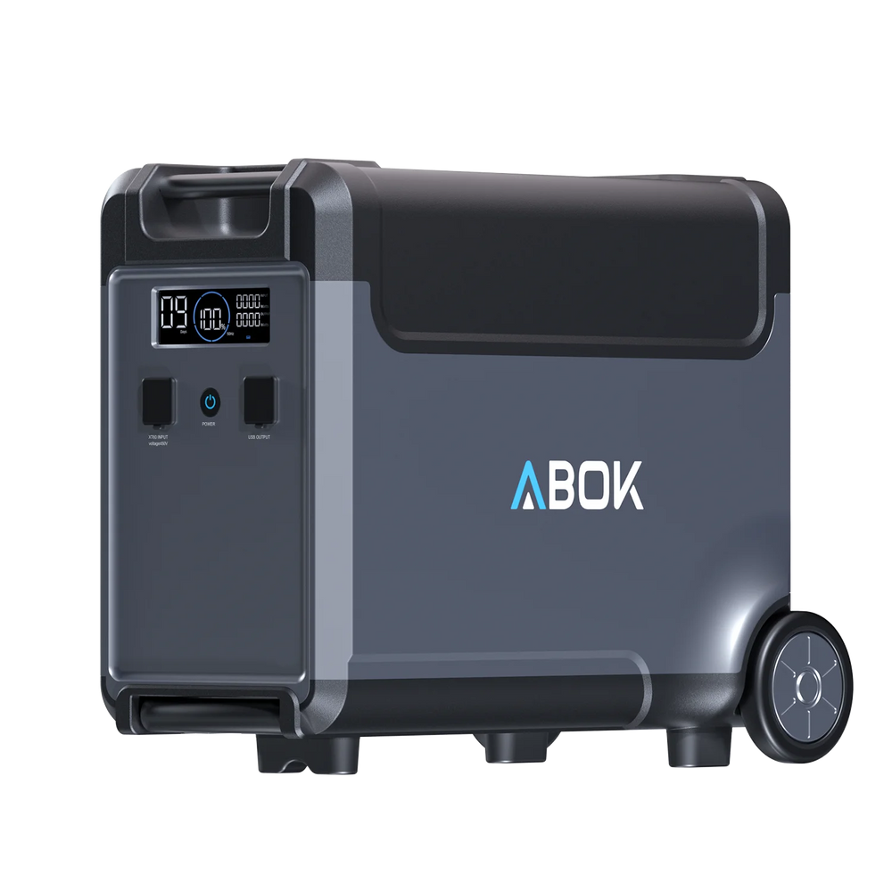 ABOK Ark3600 extra battery in an angled product view showing its display, charging port, and USB ports.