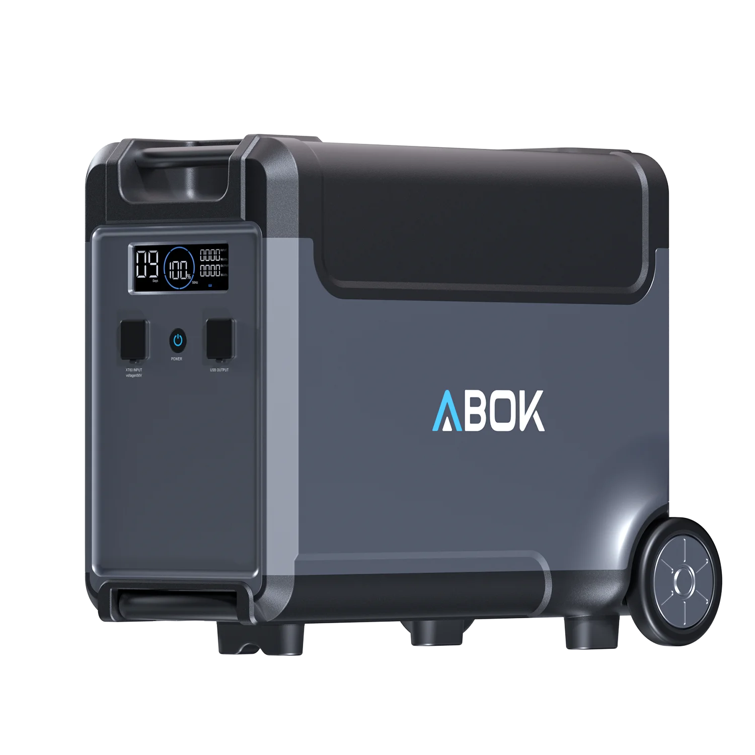 ABOK Ark3600 extra battery in an angled product view showing its display, charging port, and USB ports.