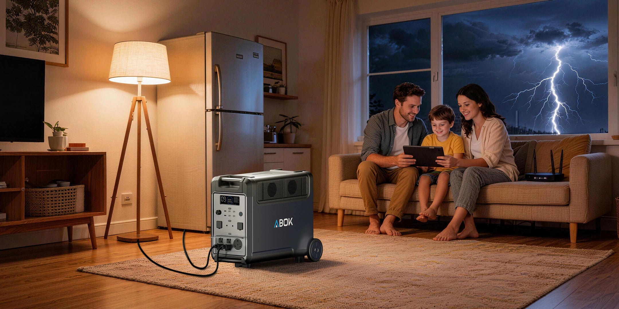 ABOK Ark3600 power station providing home backup power for a family during a lightning storm