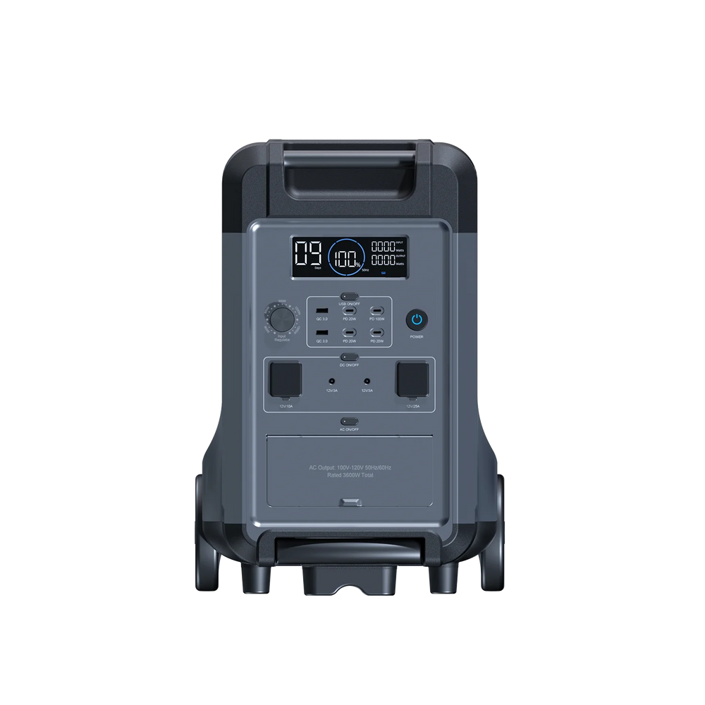 ABOK Ark3600 front view of the portable power station showing the LCD display, controls and output ports