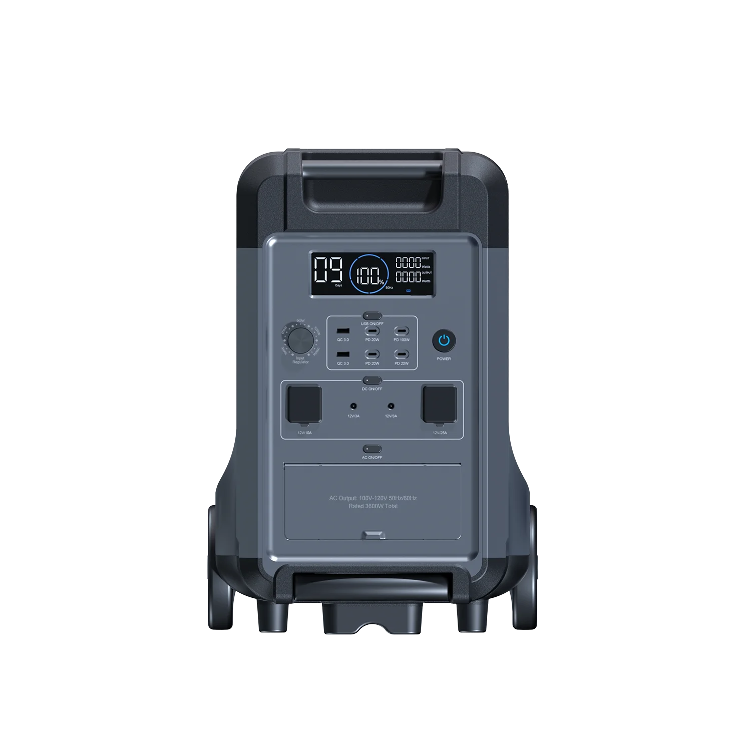 ABOK Ark3600 front view of the portable power station showing the LCD display, controls and output ports