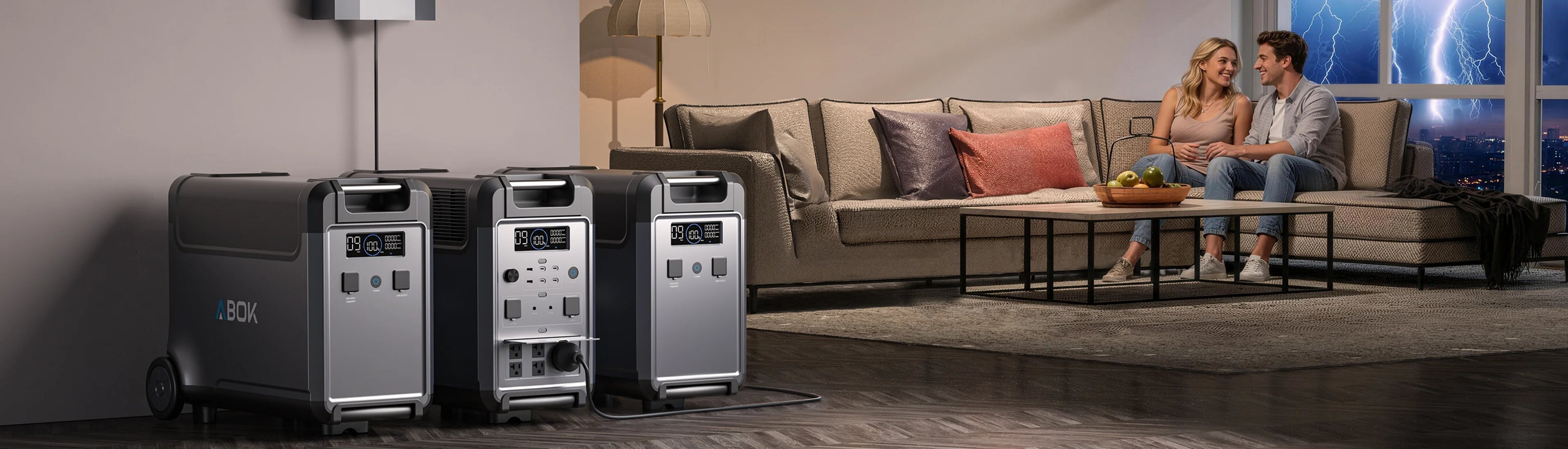 ABOK Ark3600 home backup power stations in a living room during a lightning storm.