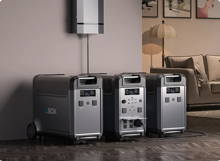 ABOK Ark3600 portable power station connected to two extra batteries in a living room for expandable home backup power